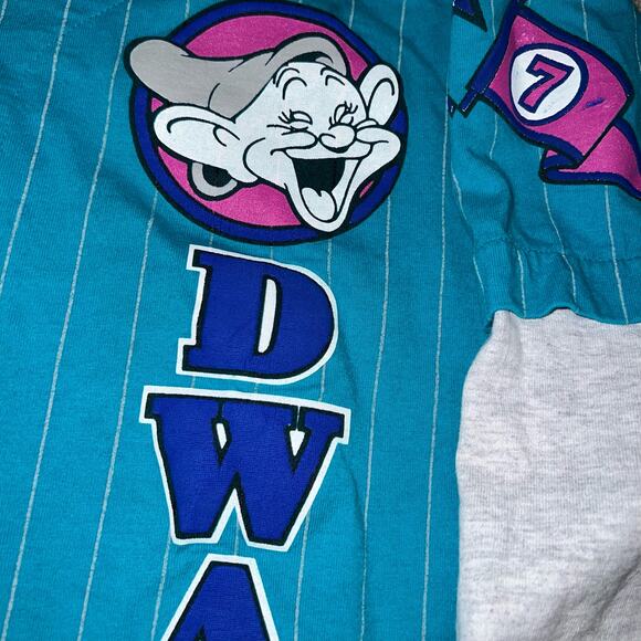 Disney's Vintage Seven Dwarfs teal and pink striped baseball jersey size small - Picture 3 of 6